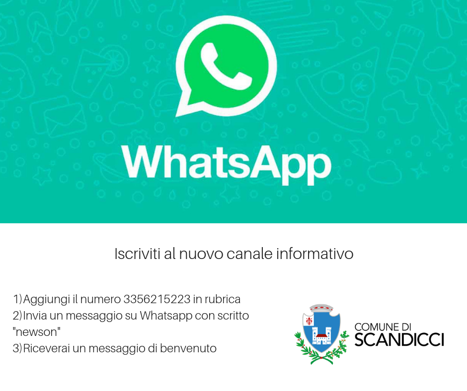 La locandina del nuovo servizio Whatsapp del Comune di Scandicci