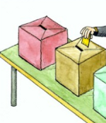 Il disegno di tre urne elettorali